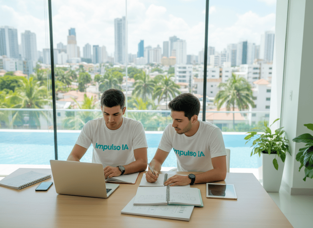 Imagen horizontal 16:9 para la página Recursos de Impulso IA. Junior y Damián, mismos personajes de referencia, camisetas blancas Impulso IA, sentados juntos en una mesa moderna con laptop, cuadernos y celular, interior luminoso con ventanales hacia una piscina y ciudad tropical. Ambiente de estudio y productividad, fotografía editorial realista, blanco/cian/amarillo, sin texto, sin marcas inventadas.